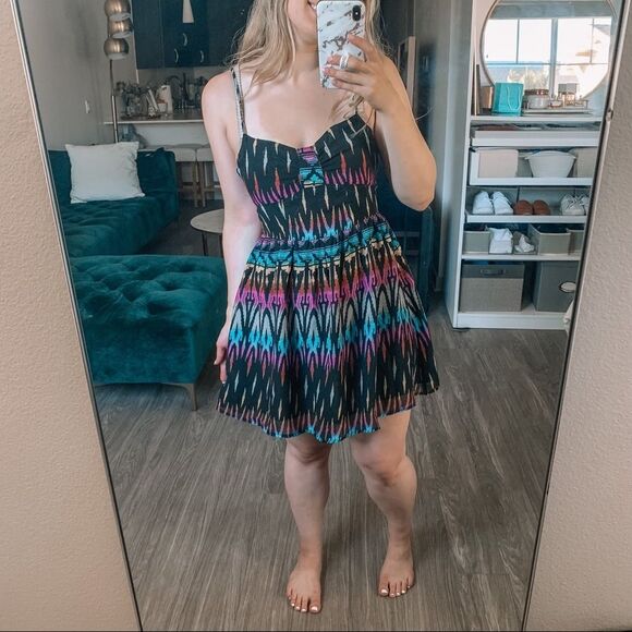 Forever 21 Smocked Back Rainbow Tribal Pattern Drop Waist Sundress Size M - Picture 2 of 8